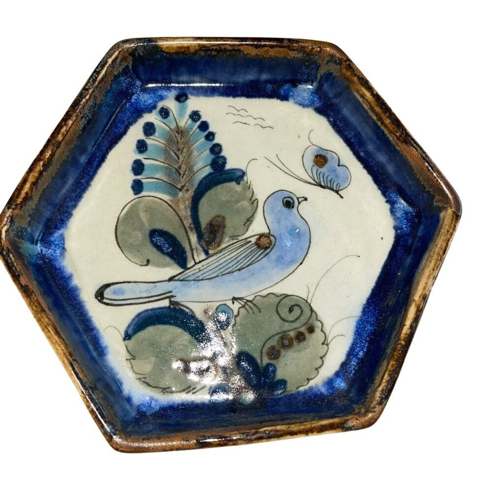 Ken Edwards Vintage Dish Plate Bowl Tonala Pottery Bird Butterfly Drip Glaze